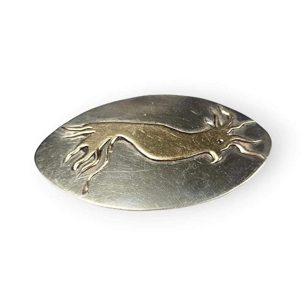 Vintage Cockatoo Brooch Brass Alpaca Silver Large Oval Tropical Bird  40s 3 3/8